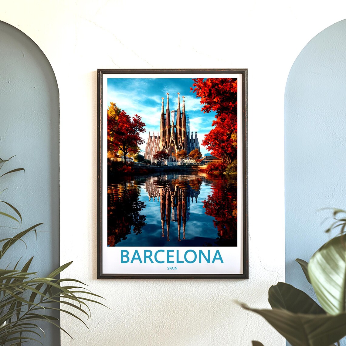 Barcelona Sagrada Familia Autumn Reflection Scenic Travel Poster - Image 3