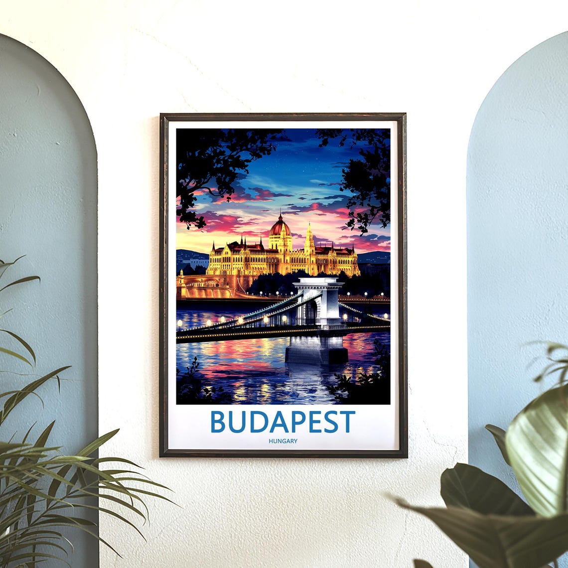 Budapest Hungary Parliament Dusk With Chain Bridge Lights Poster - Image 3