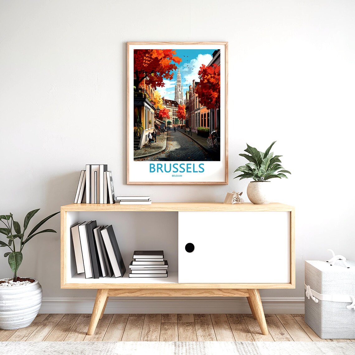 Brussels Belgium Cobblestone Street Red Autumn Trees Scene Poster - Image 2