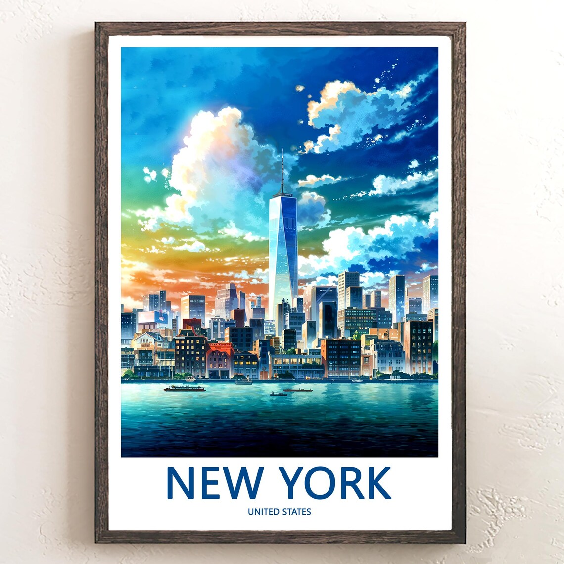New York One World Trade Center Sunset Harbor Skyline Travel Poster