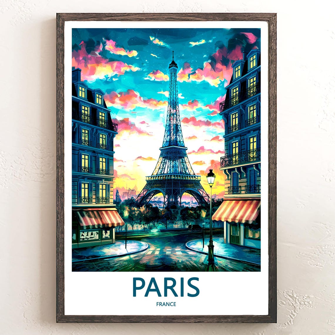 Eiffel Tower Night Cafe Street Pink Sunset Sky Illustrated Poster