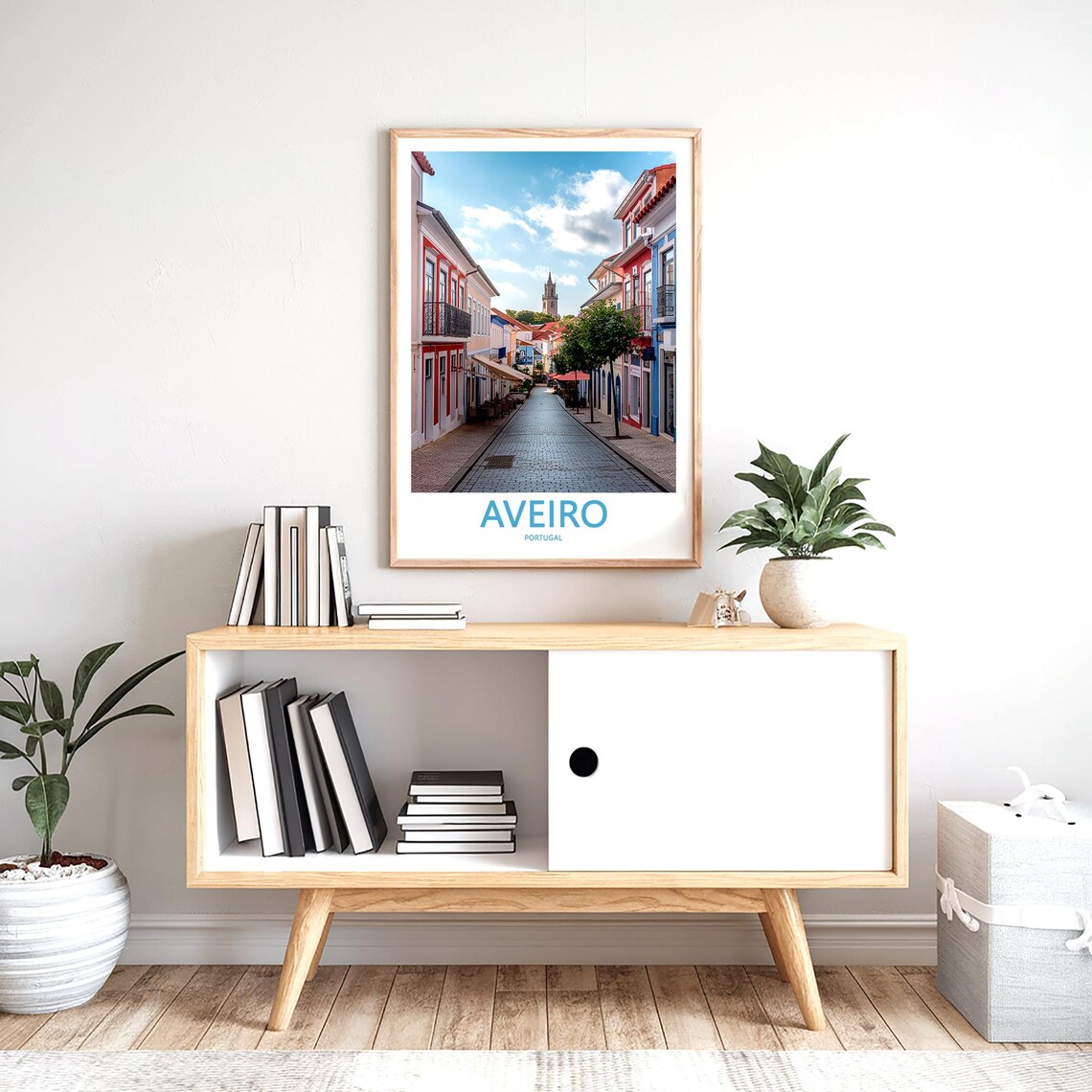 Aveiro Portugal Cobblestone Street Church Tower Cafés Travel Poster - Image 2