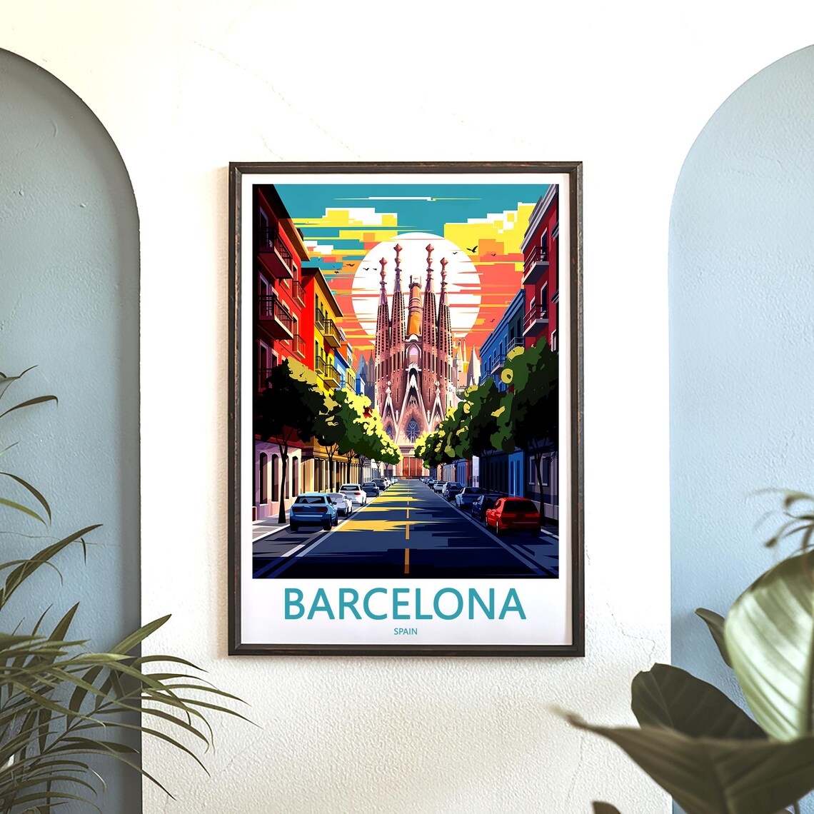 Barcelona Sagrada Familia Retro Street Sunset Big Sun Travel Poster - Image 3