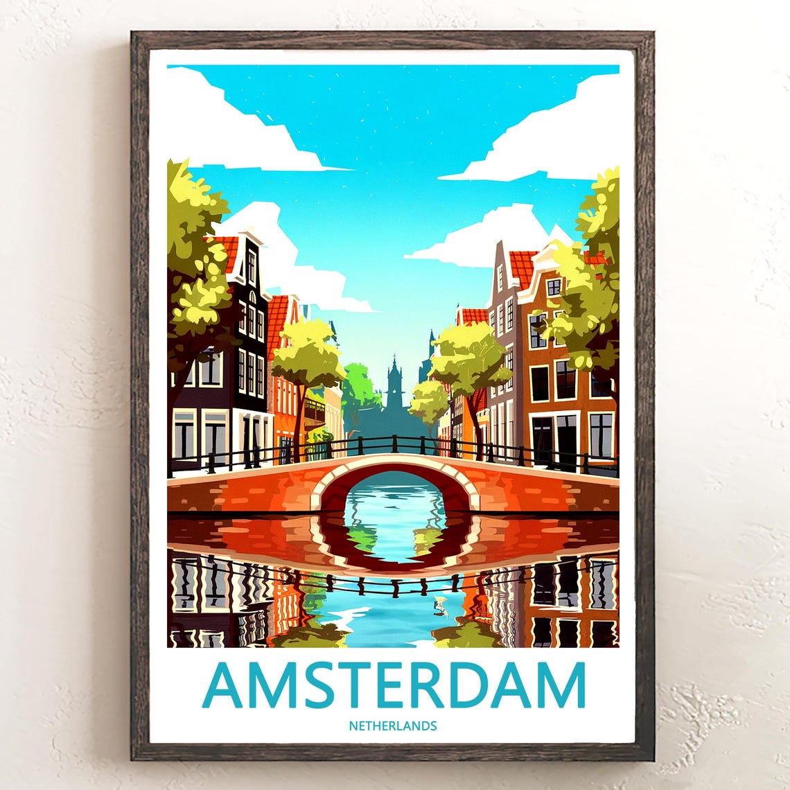 Amsterdam Retro Brick Bridge Canal Reflection Vector Art Poster