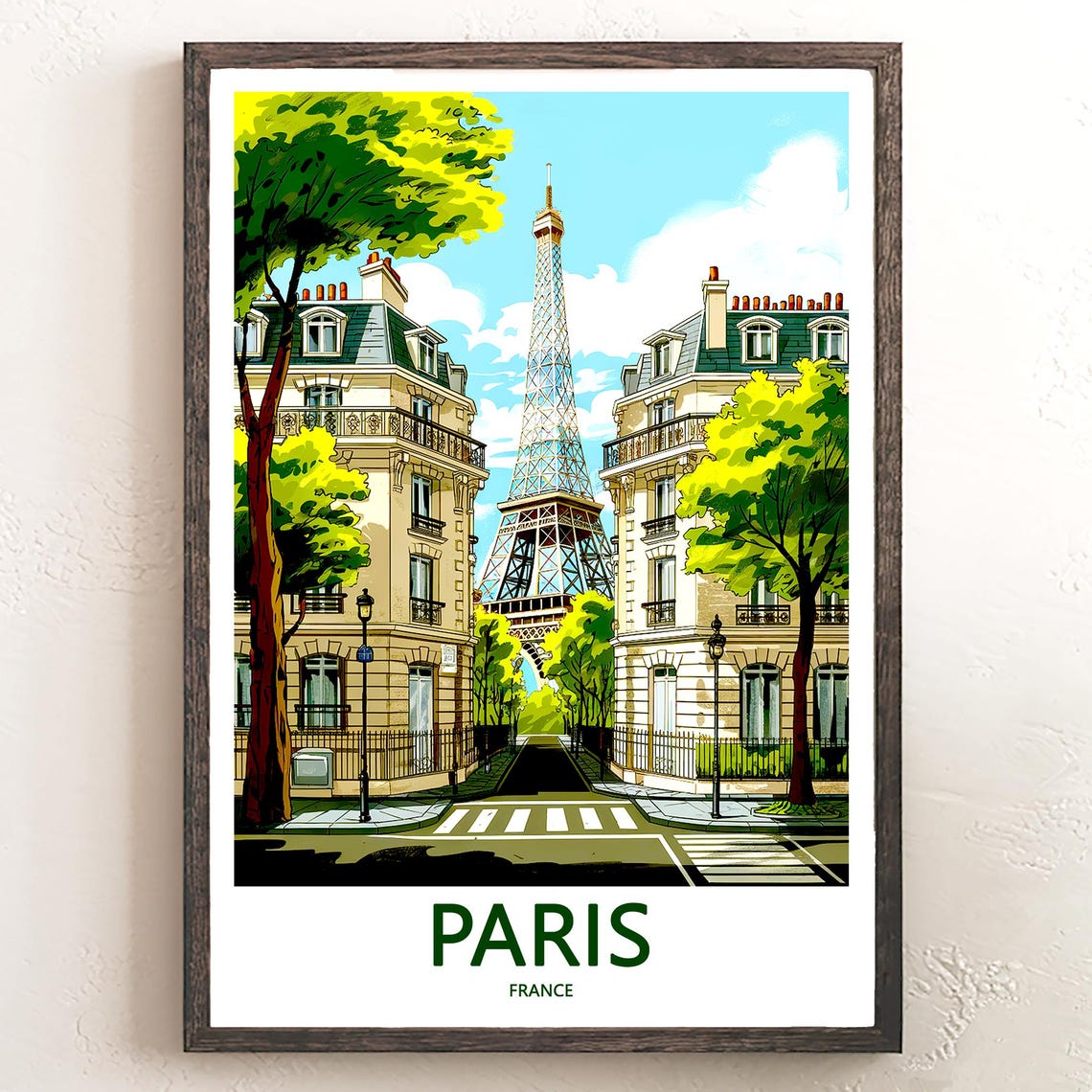 Paris Eiffel Tower Tree-Lined Street With Crosswalk View Poster