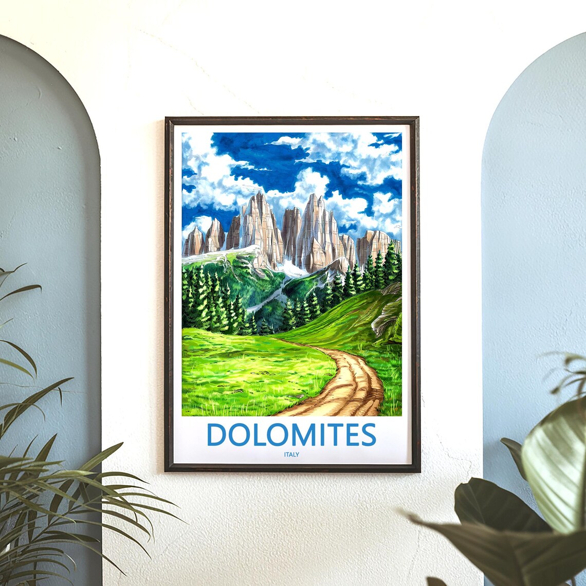 Dolomites Hiking Trail through Green Meadow Italy Travel Poster - Image 3