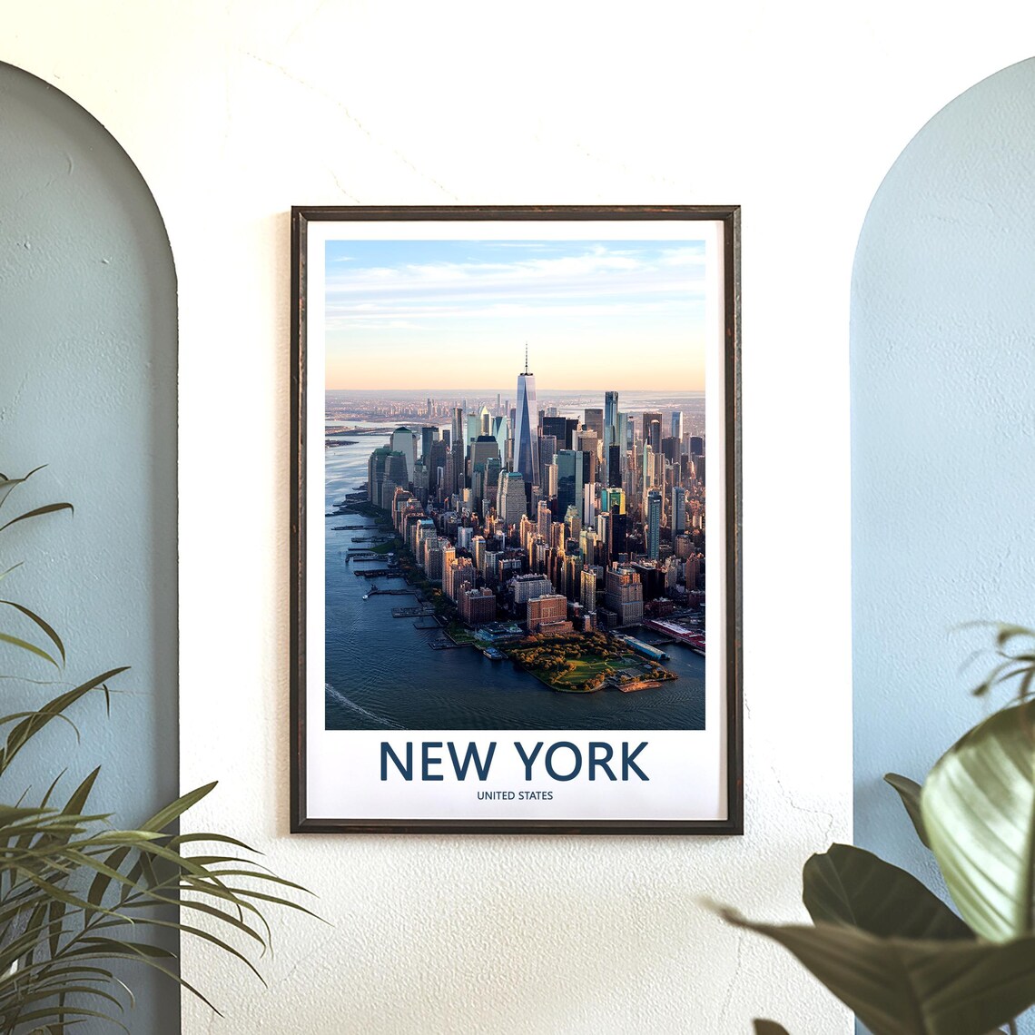 New York Lower Manhattan Sunset Aerial View Harbor Travel Poster - Image 3