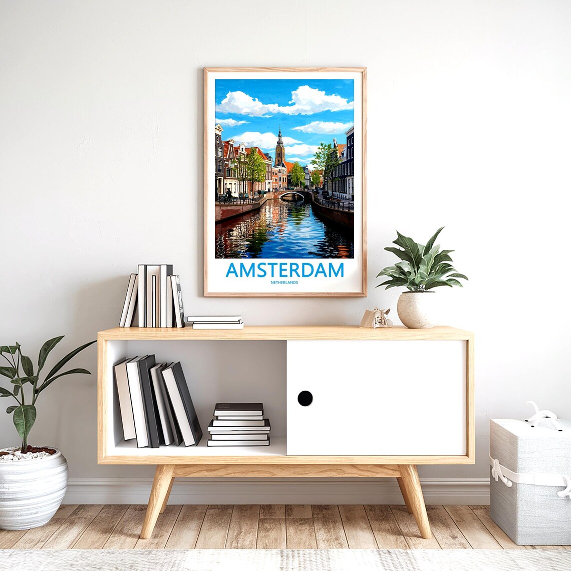 Amsterdam Canal Bridge and Church Tower Blue Sky Daytime Poster - Image 2