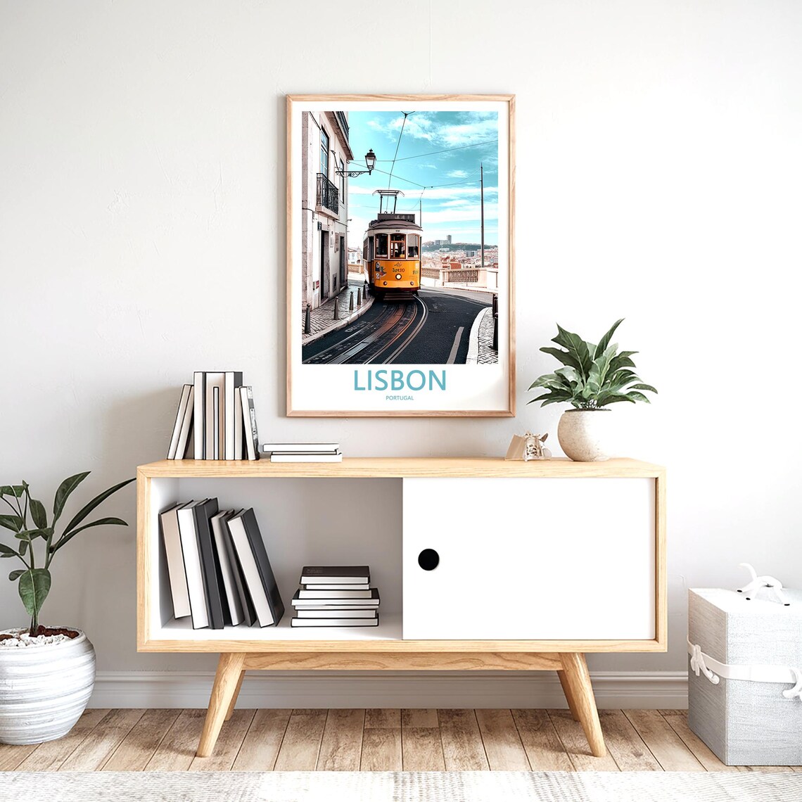 Lisbon Yellow Tram 123 on a Curving Street With Hill View Poster - Image 2