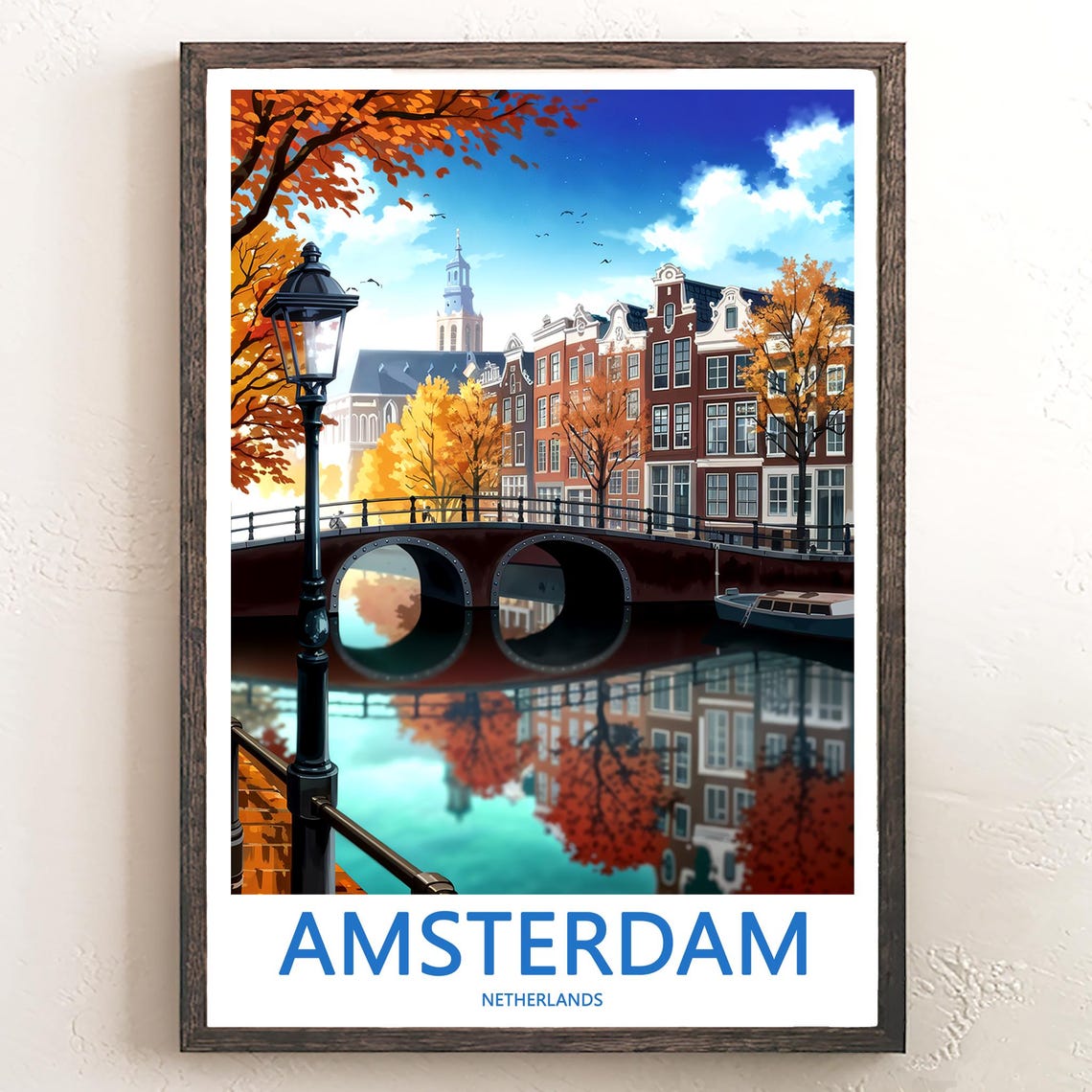 Amsterdam Autumn Canal Bridge with Street Lamp Art Travel Poster