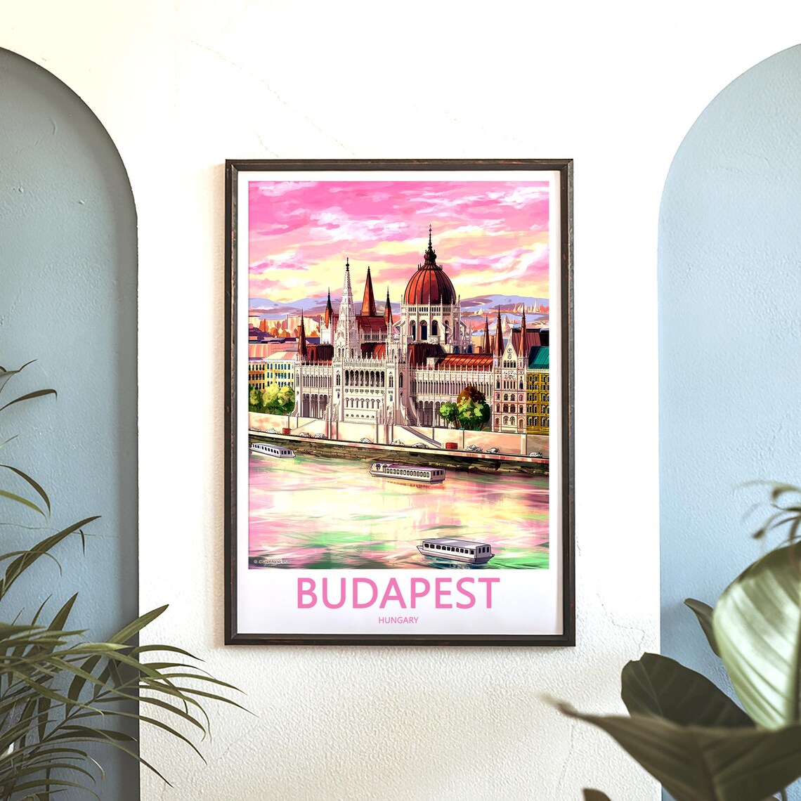 Budapest Hungary Parliament Under Golden Orange Sky Boat Poster - Image 3