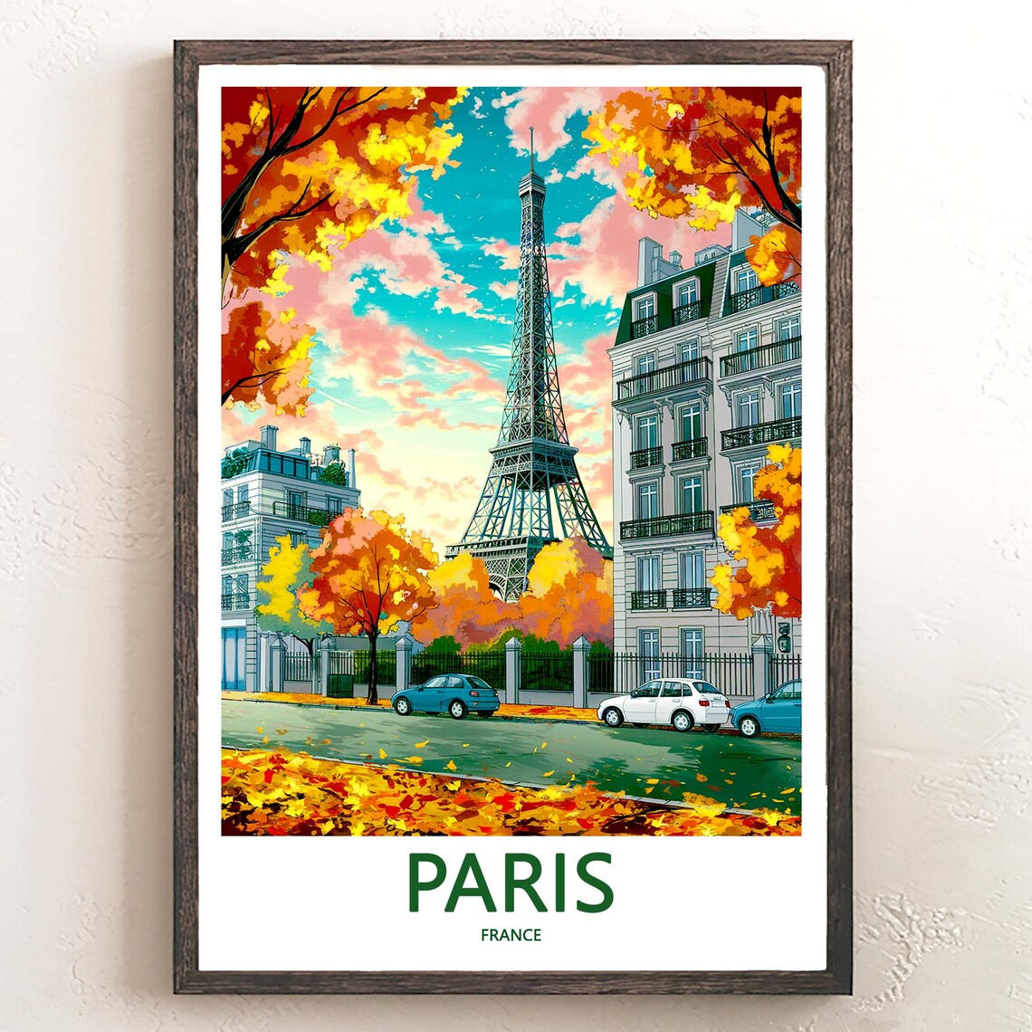 Eiffel Tower Autumn Street Parked Cars Pink Sky Paris France Poster
