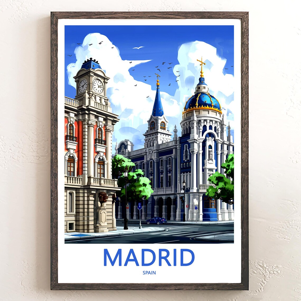 Madrid Gran Via Blue Domed Palace Sunny Morning Stroll Poster