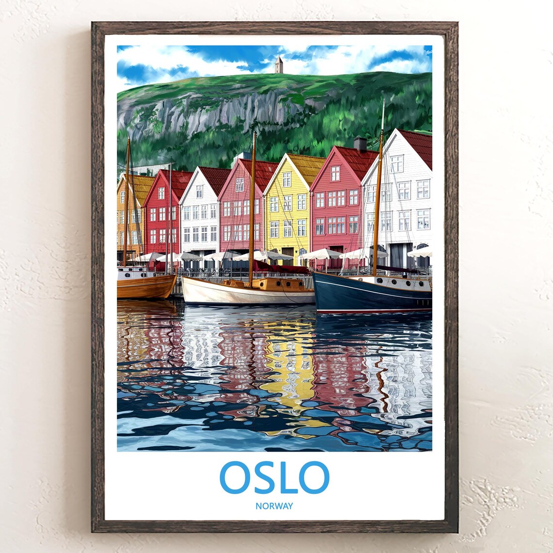 Oslo Colorful Harbor Houses Sailboats and Green Hill Travel Poster