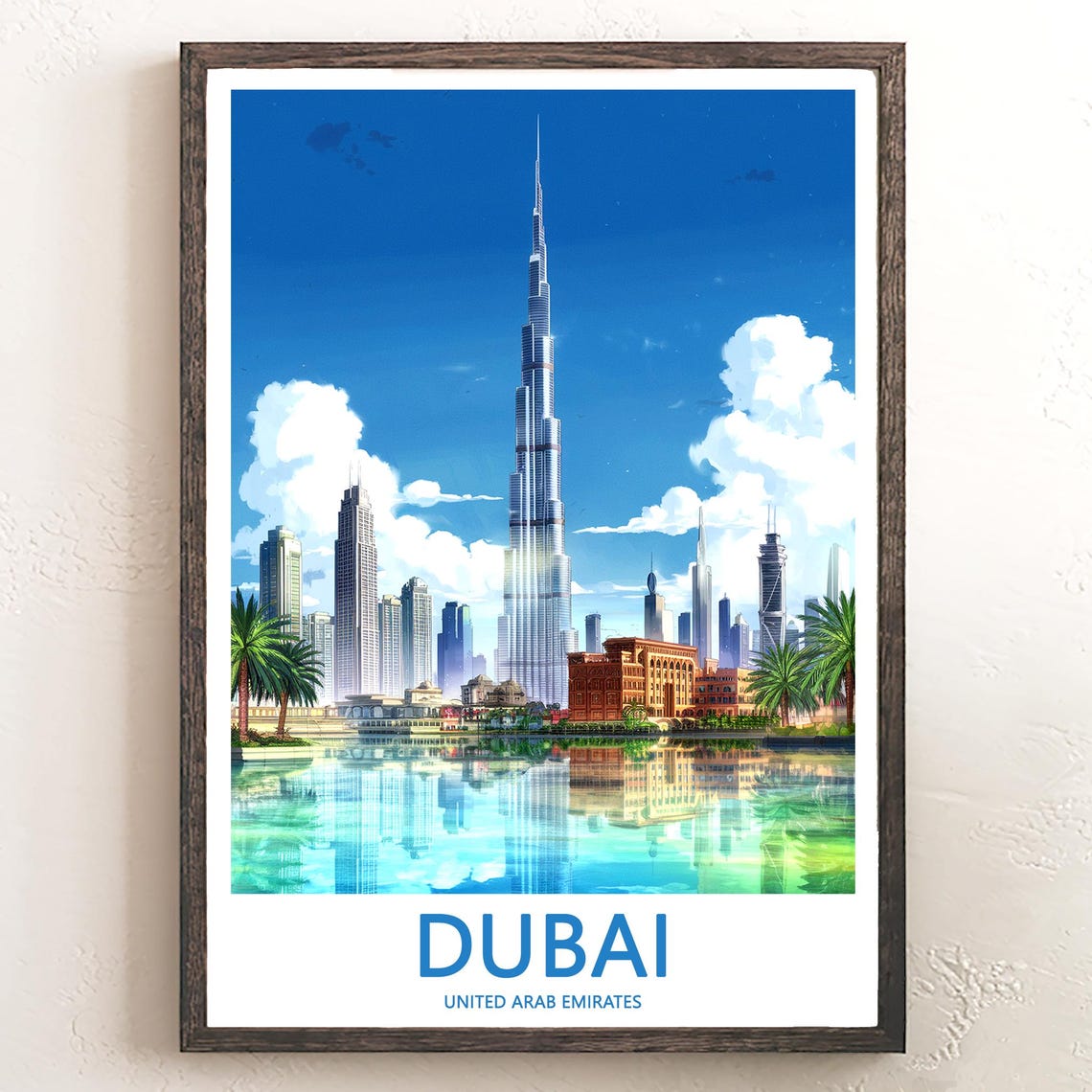 Dubai Burj Khalifa Fountain Lake Illustrated with Palm Trees Poster