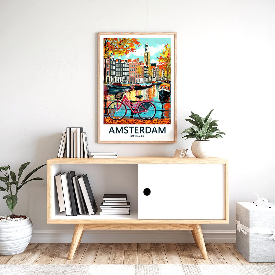 Amsterdam Canal with Pink Bicycle Autumn Leaves Art Travel Poster - Image 2