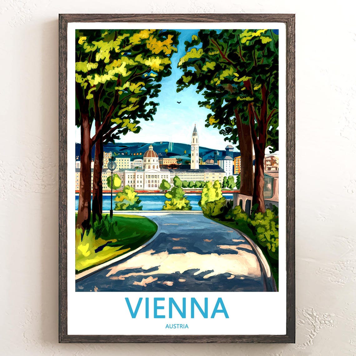 Vienna Tree-Lined Park Road with Old Town View Austria Travel Poster