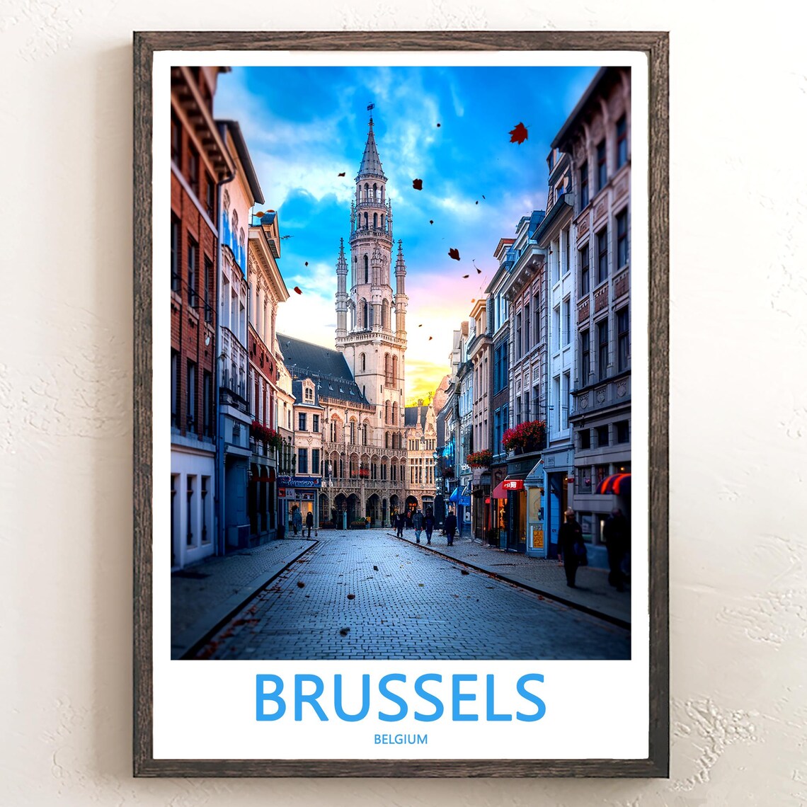 Brussels Grand Place Town Hall Tower Sunset Street View Travel Poster