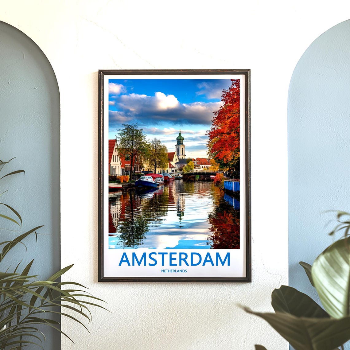 Amsterdam Autumn Canal Reflection with Red Trees and Boats Poster - Image 3