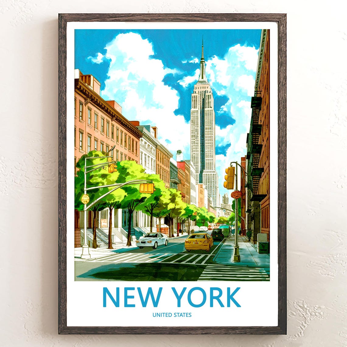 Empire State Building Over a Classic Brownstone Street Scene Poster