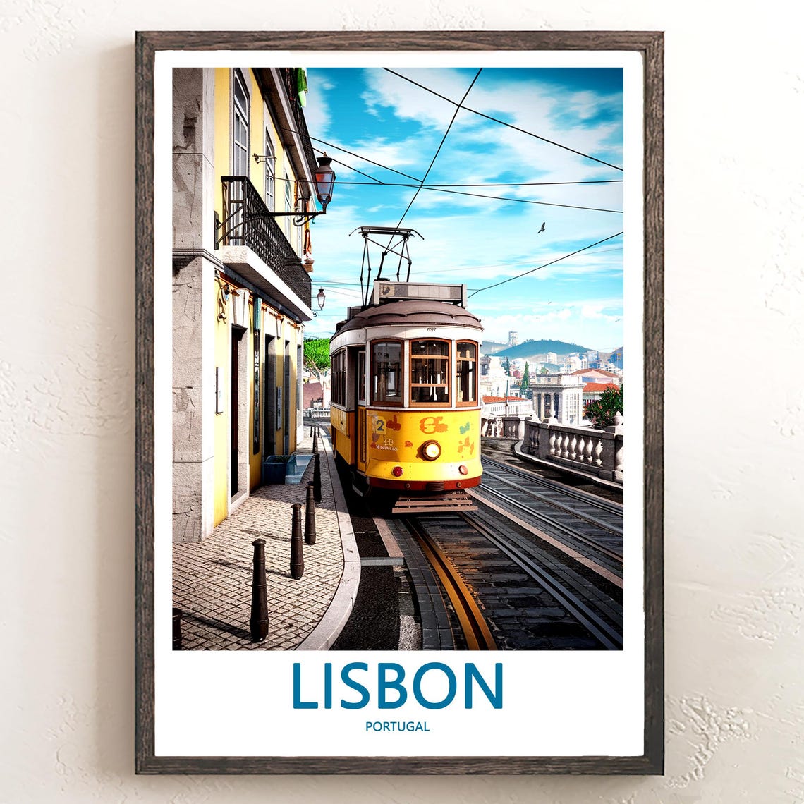 Lisbon Yellow Tram 23 at a Hilltop Curve Overlooking Town Poster