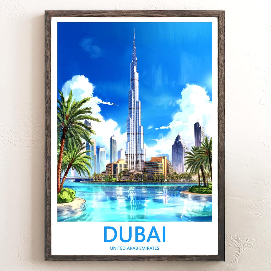 Dubai Burj Khalifa Fountain Lake Palm Trees Illustrated Poster