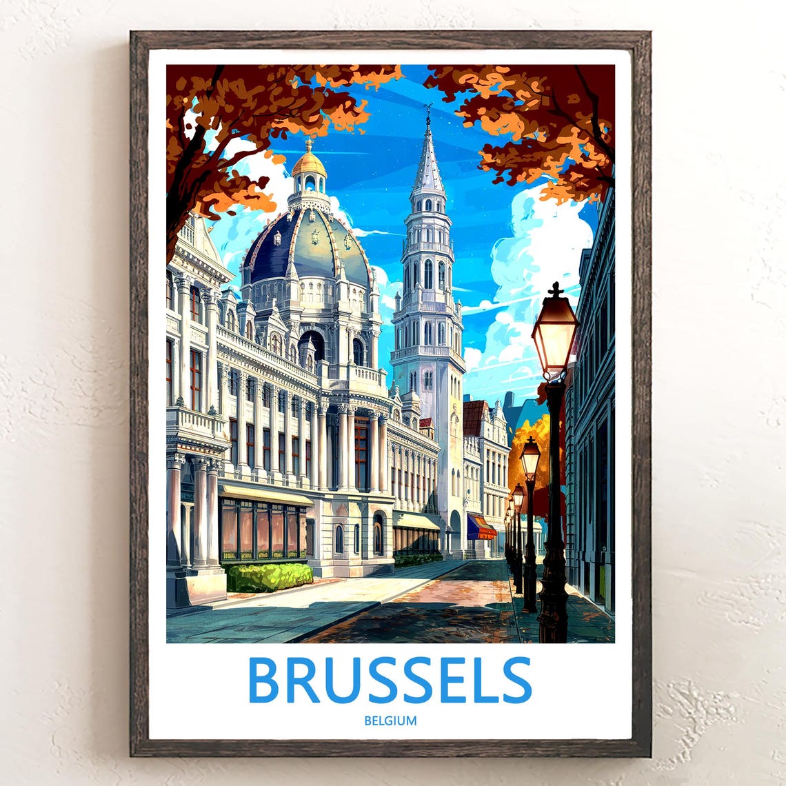 Brussels Belgium Grand Cathedral Dome Autumn Illustration Poster