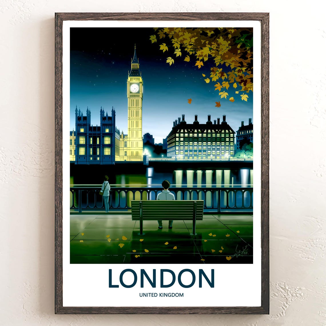 Big Ben Illuminated at Night Over the Starry River Thames Poster