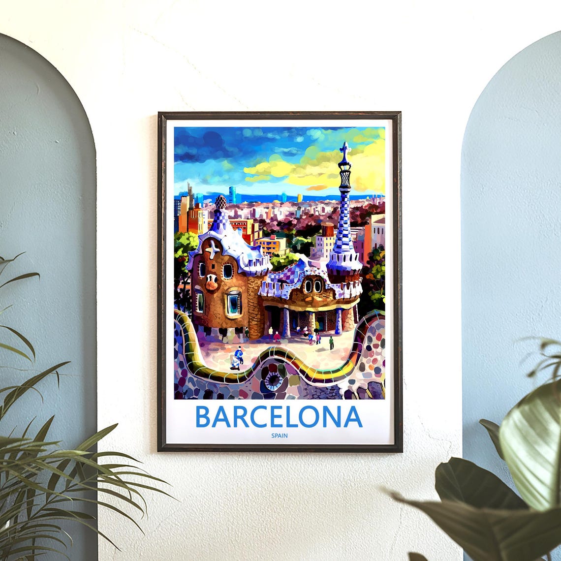 Barcelona Park Güell Gatehouse Sunset Mosaic Bench Travel Poster - Image 3