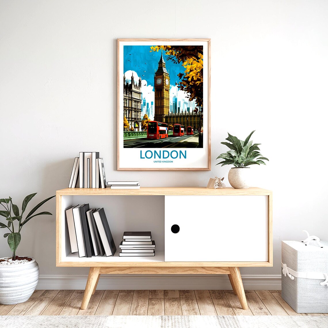 London Big Ben Westminster Bridge Fall Foliage Buses Day Poster - Image 2