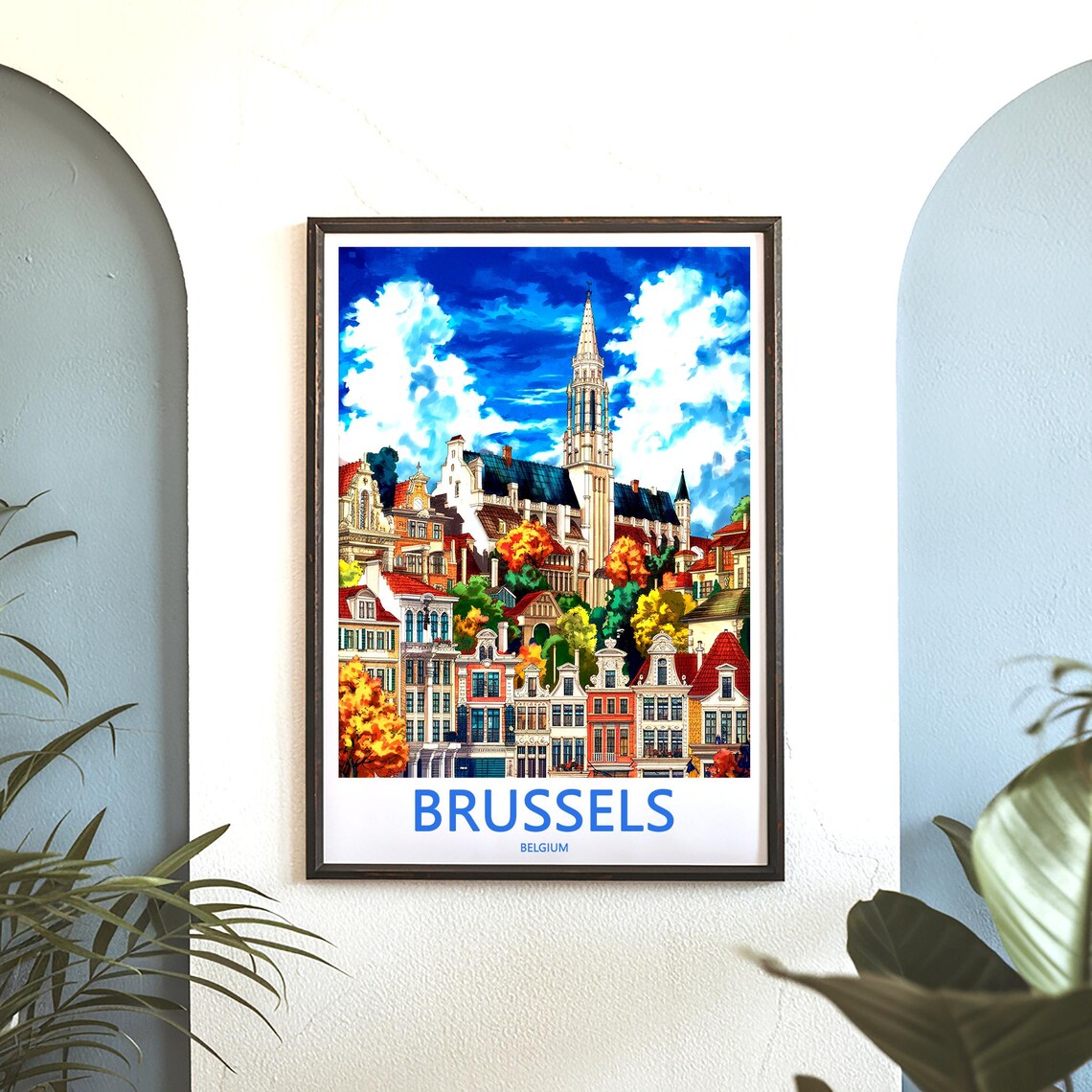Brussels Belgium Grand Place Tower Autumn Houses View Poster - Image 3