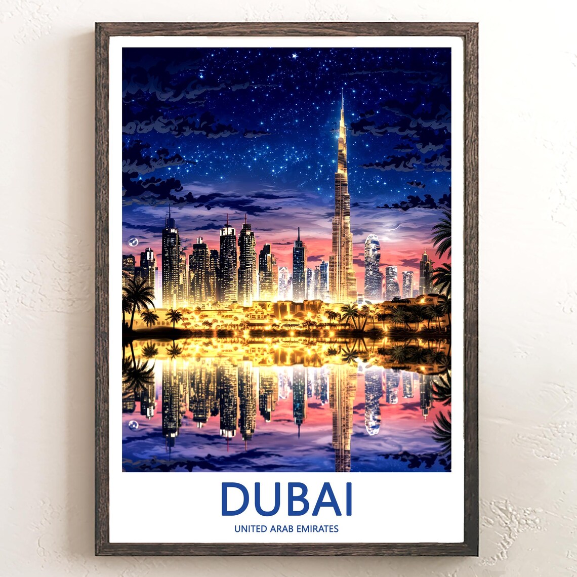 Dubai Burj Khalifa Starry Night Glowing Golden Lights Travel Poster