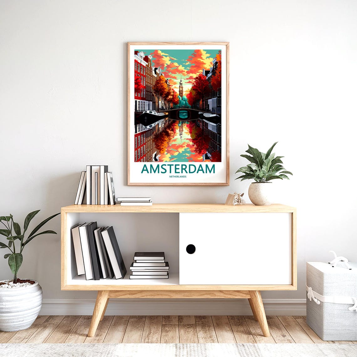Amsterdam Autumn Canal Mirror Reflection Boats Travel Art Poster - Image 2