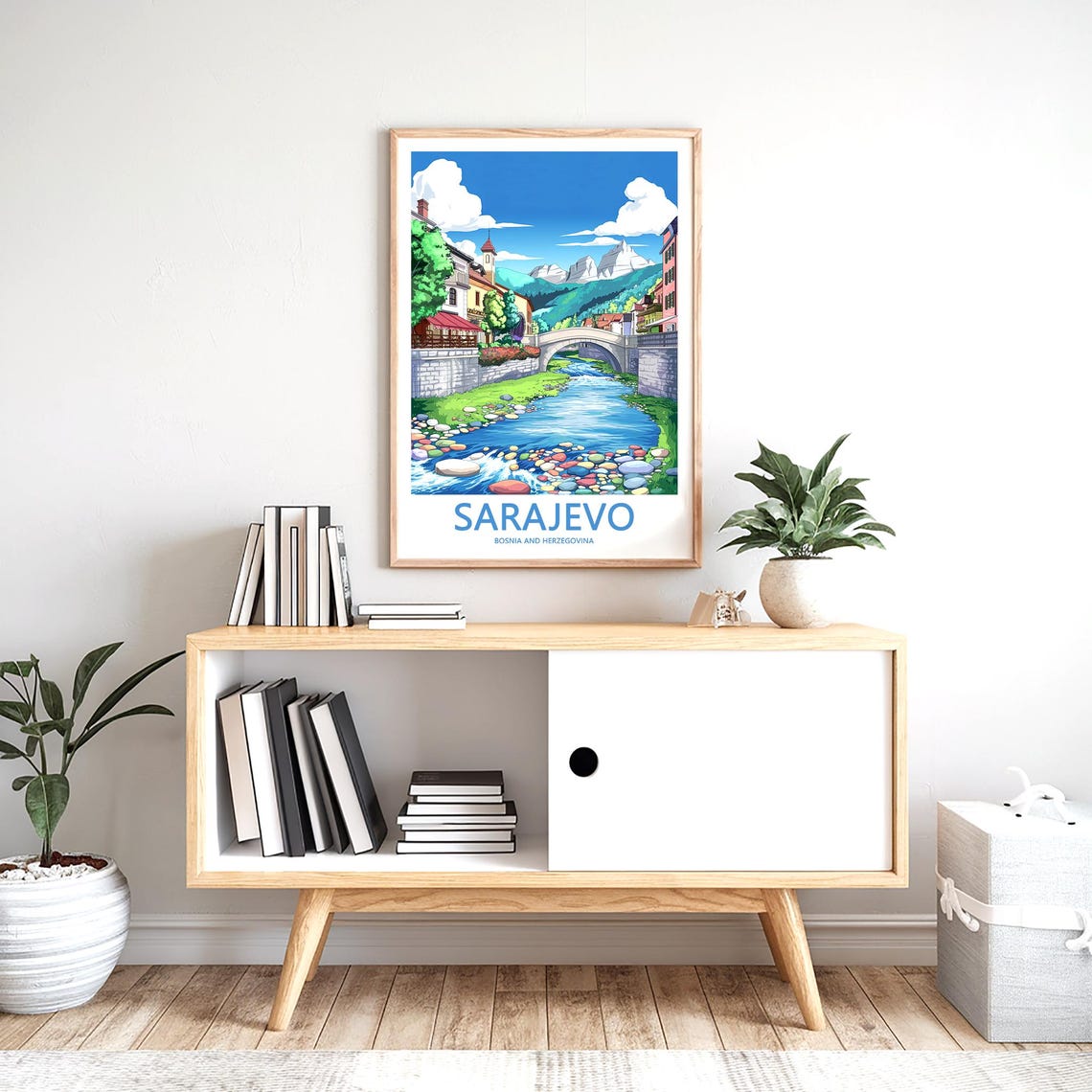 Sarajevo Miljacka River Stone Bridge Anime Mountains Travel Poster - Image 2