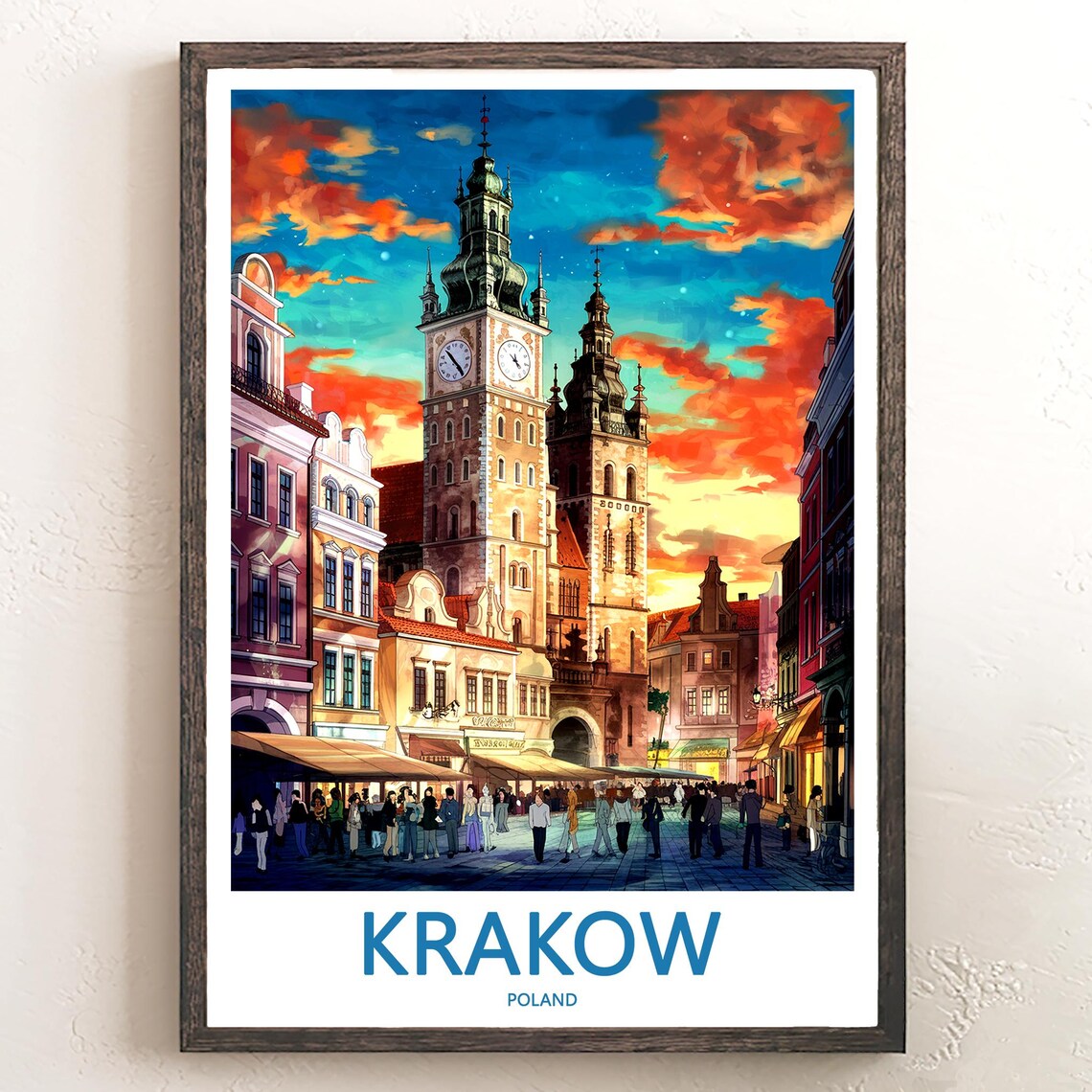 Krakow Main Market Square Dusk with the Two Towers Travel Poster