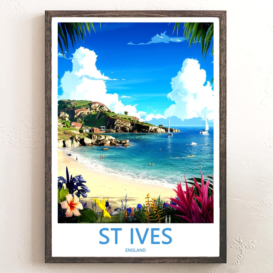 St Ives England Secluded Sandy Cove Rocky Headland Day Poster