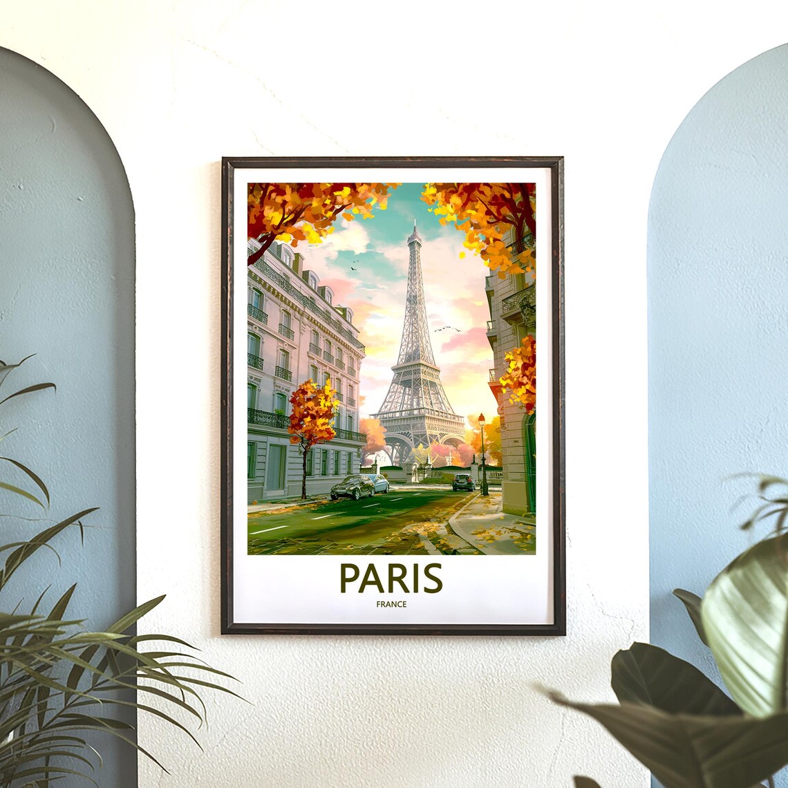 Eiffel Tower Autumn Street Parked Cars Fallen Leaves Paris Poster - Image 3