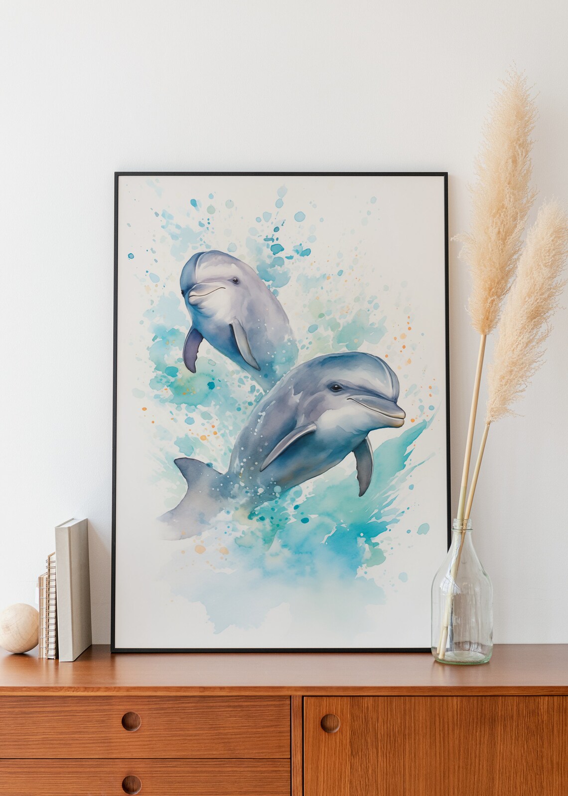 Pair of Dolphins Watercolor Painting Ocean Sea Life Art Poster - Image 3
