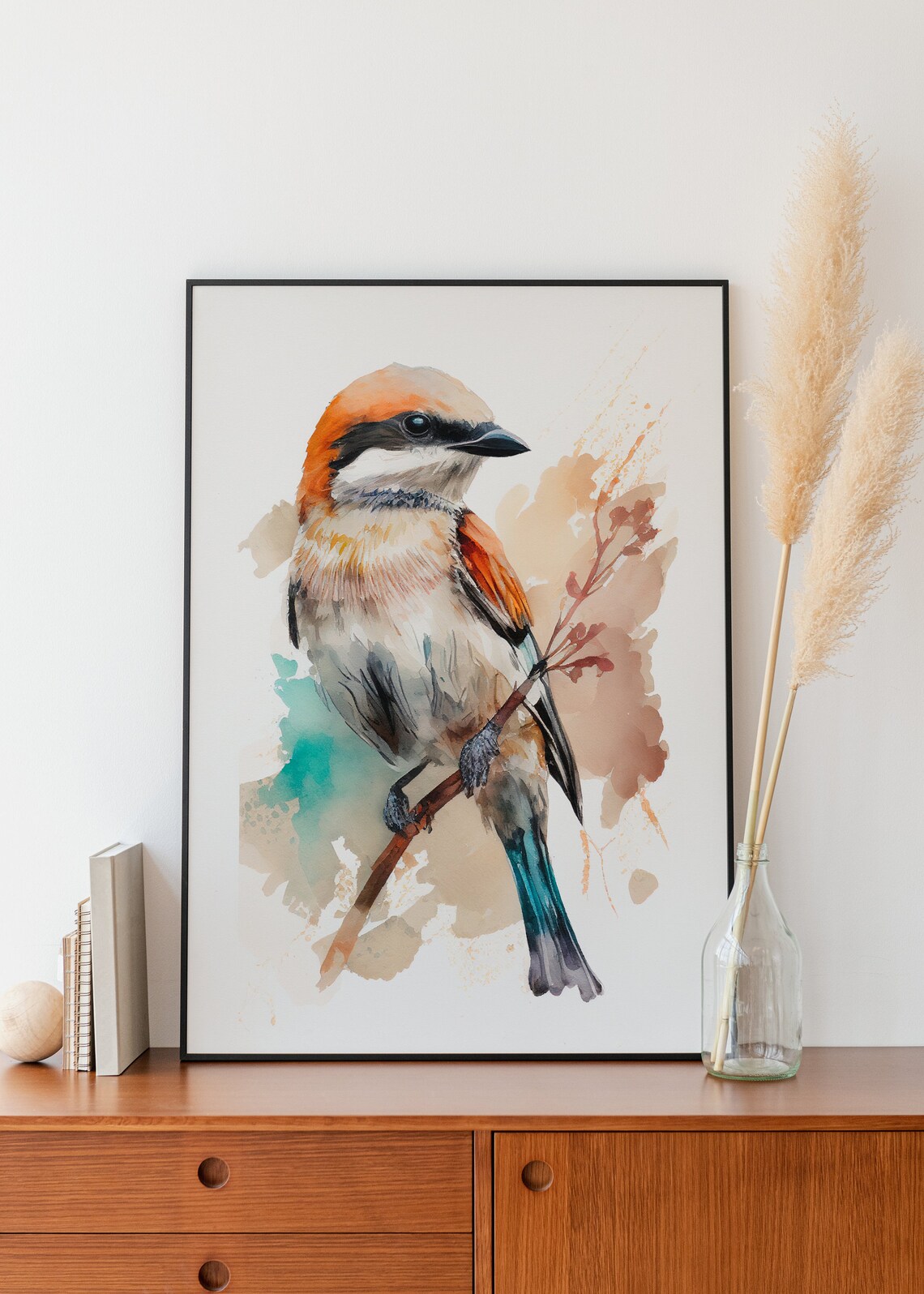 Orange Headed Songbird Watercolor Wildlife Portrait Wall Art - Image 3