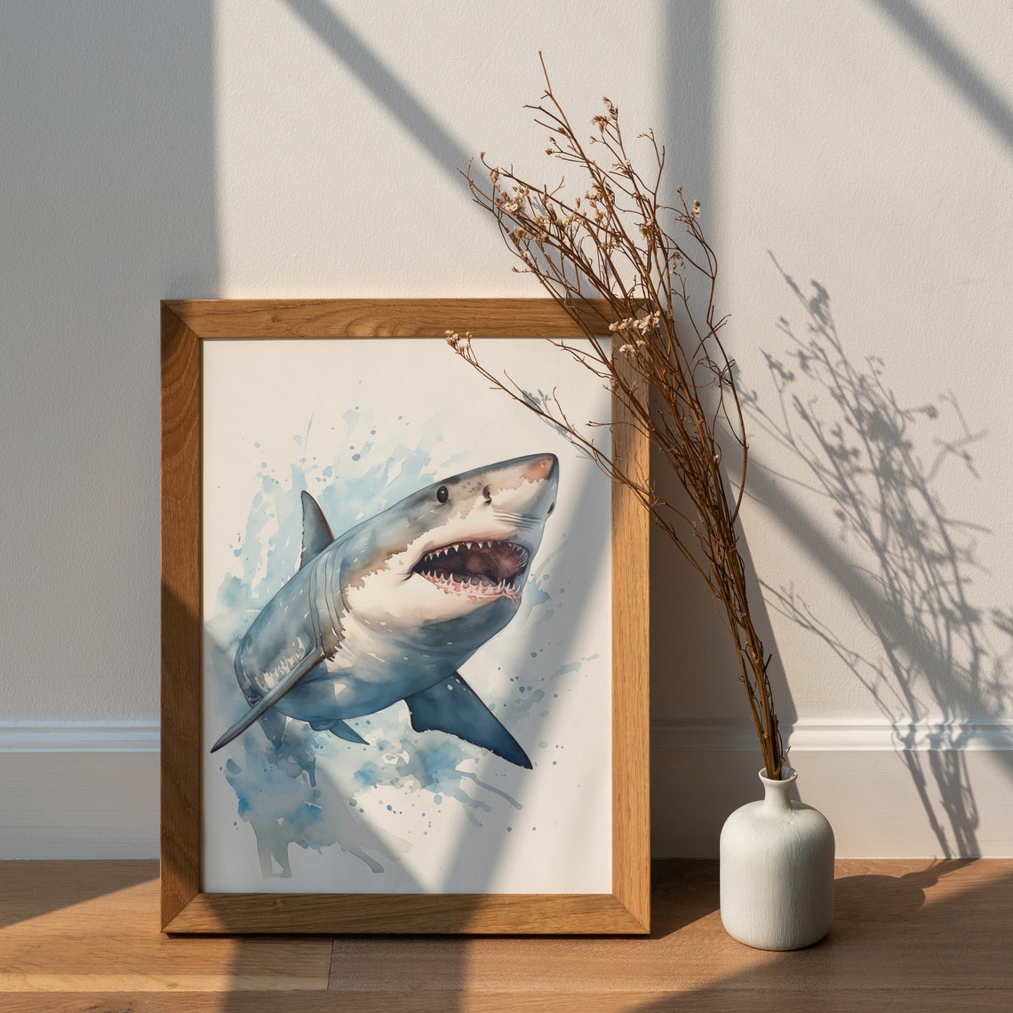 Great White Shark Smiling Watercolor Ocean Wildlife Wall Art - Image 2