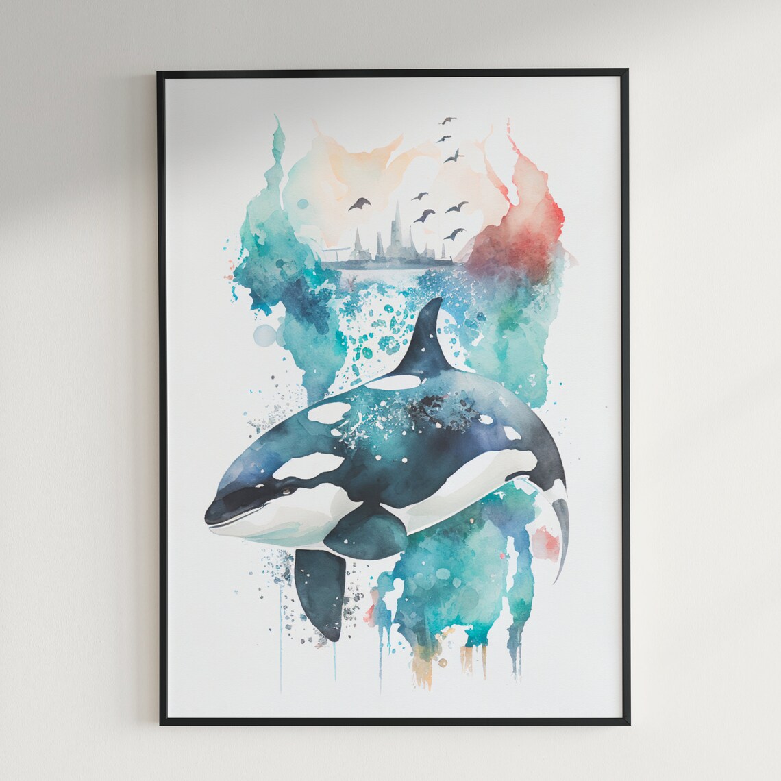 Orca Killer Whale Watercolor with Distant City Skyline Poster - Image 2