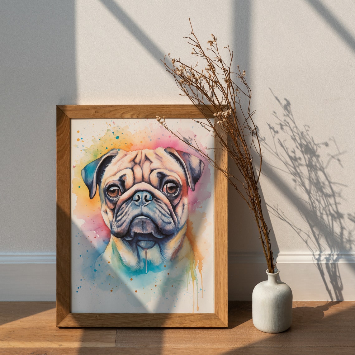 Cute Pug Puppy Rainbow Splash Watercolor Dog Portrait Wall Art - Image 2