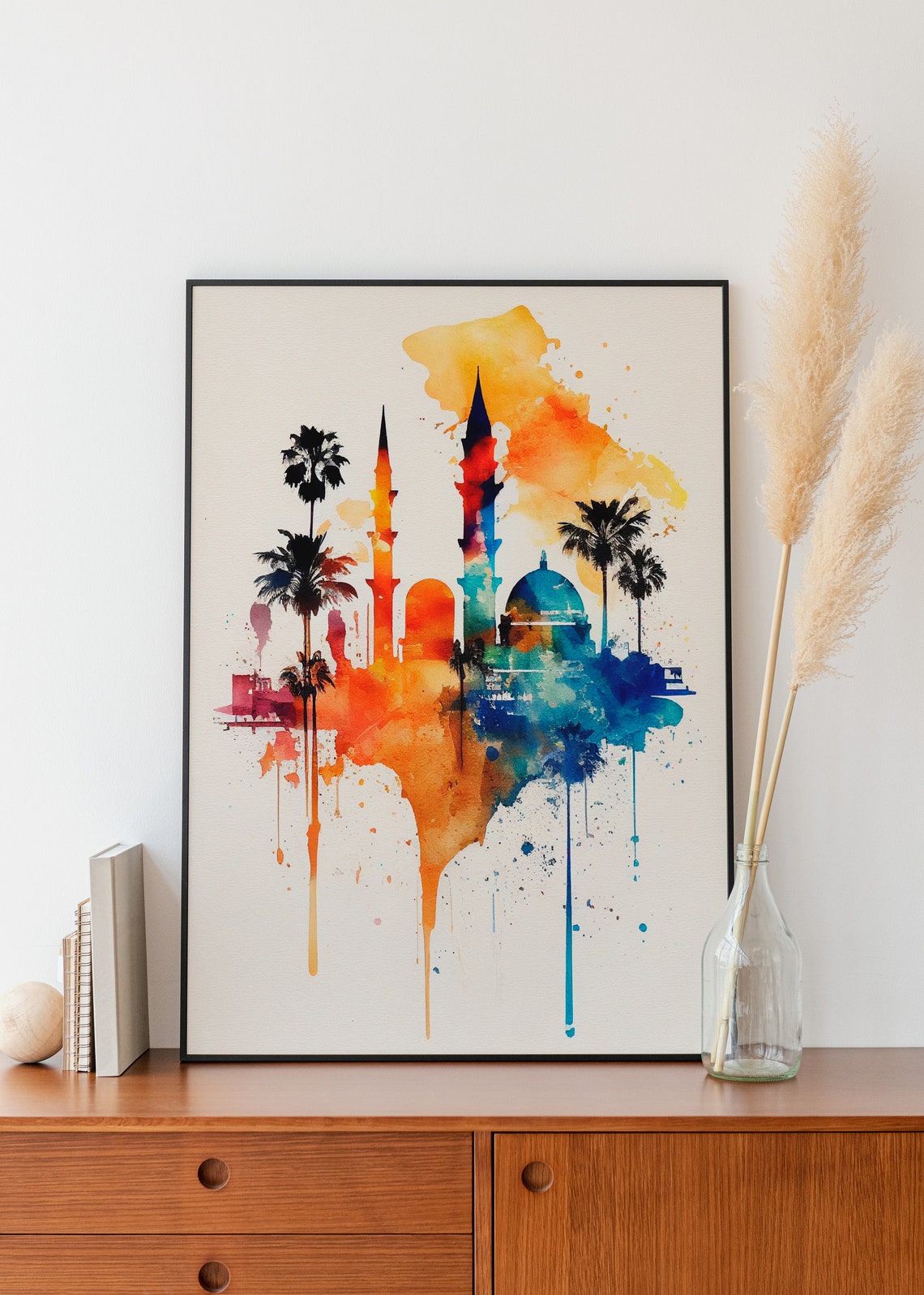 Middle Eastern Skyline Mosque Minarets Watercolor Art Poster