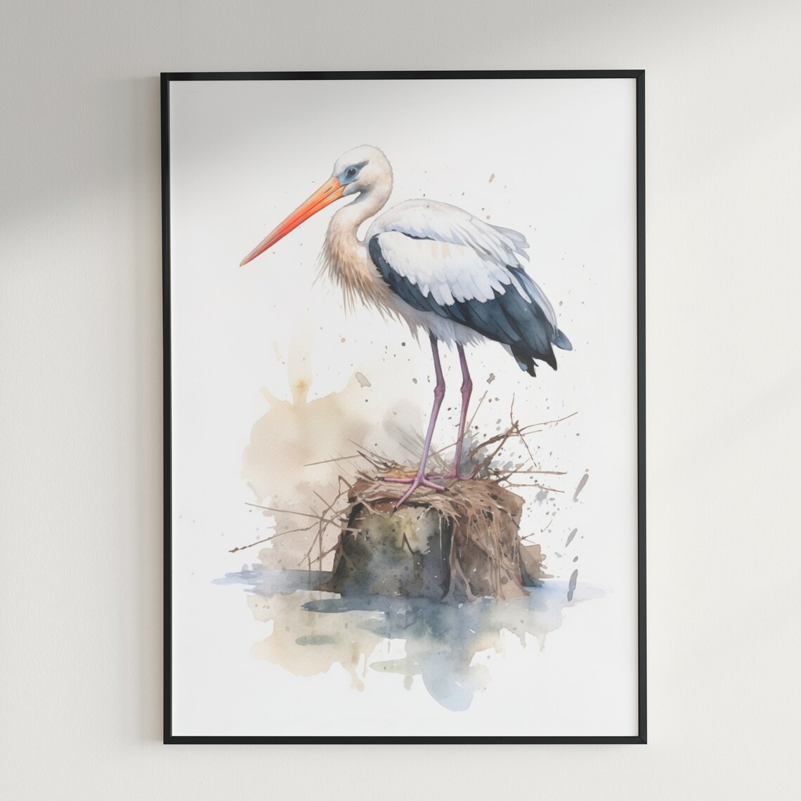 Elegant White Stork Standing on Twiggy Nest Watercolor Bird Poster - Image 3