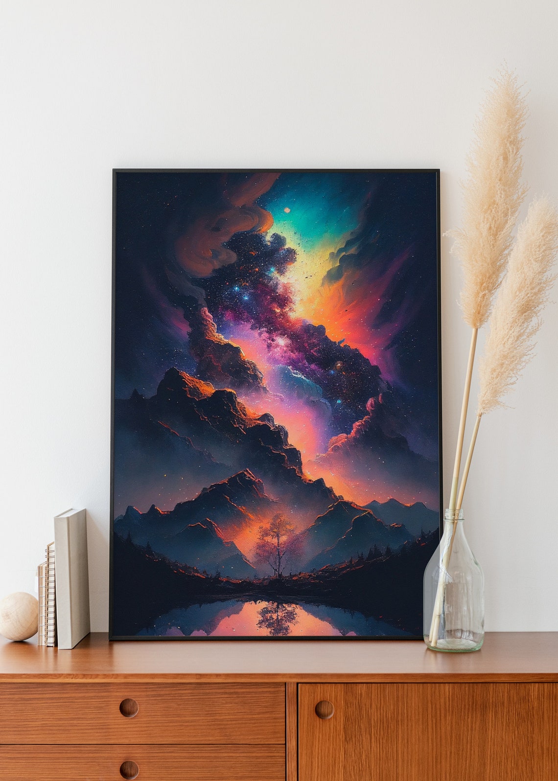 Milky Way Night Sky Over Mountain Lake with Lone Tree Poster