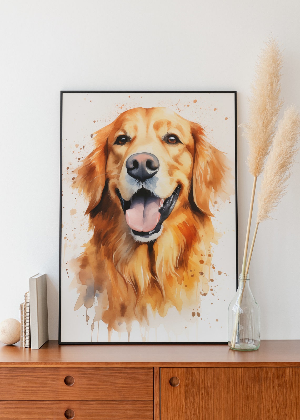 Happy Golden Retriever Watercolor Smiling Dog Portrait Wall Art