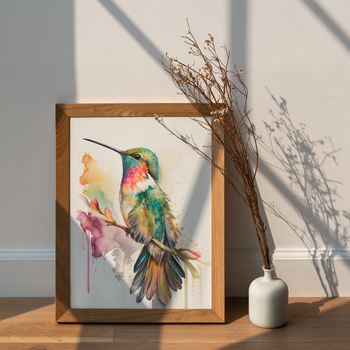 Ruby Throated Hummingbird on Blossoming Branch Watercolor Poster - Image 3