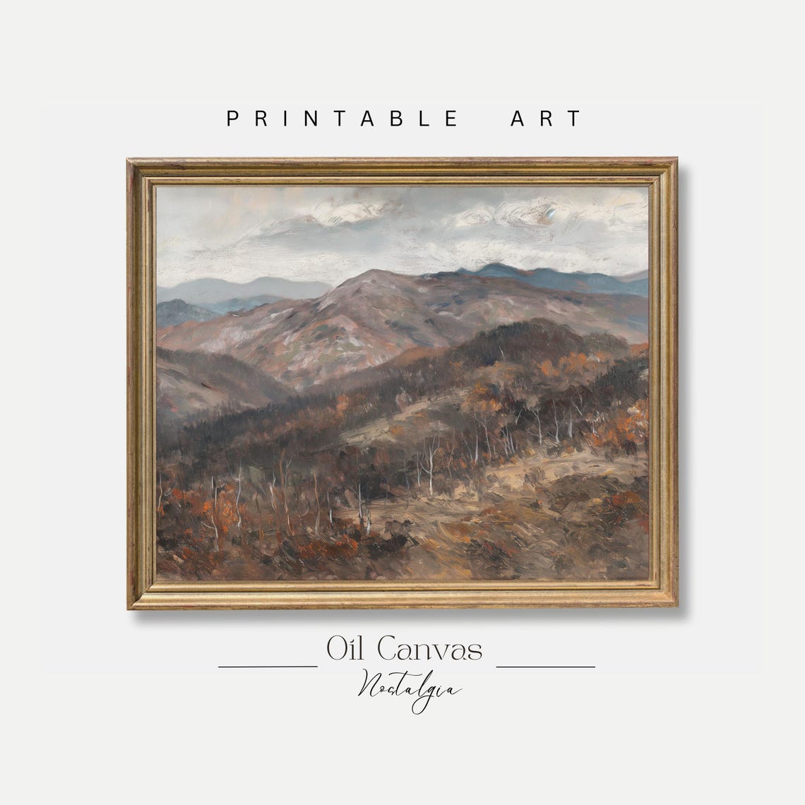 Mountain Landscape Wall Art Moody Oil Painting Neutral Colours Rustic Scenery Farmhouse Decor
