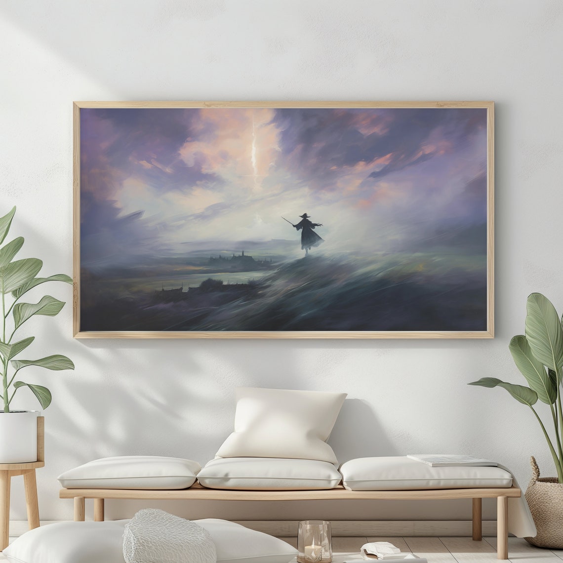 Halloween Witch Silhouette Broom Misty Moor Purple Sky Wall Art - Image 2