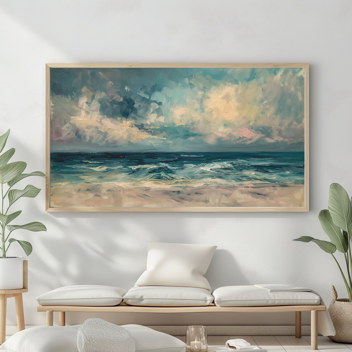 Frame Tv Art Abstract Beach Oil Painting Summer Sea Art Ocean Frame Tv Art Landscape Blue Nautical Seascape - Image 2